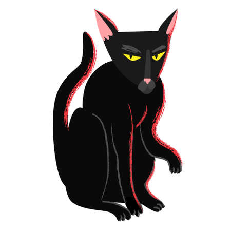 Black witch halloween cat in cartoon flat style. Black creepy grumpy cat. Hellcat clipart isolated on white. Vector illustrationのイラスト素材
