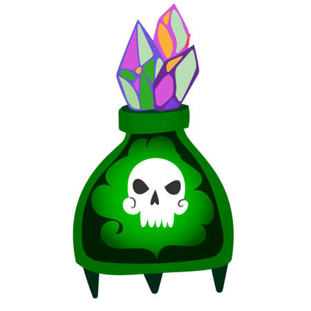 Magic witch potion. Black magic substance in a bottle. Vector halloween clipart bottle with spirit isolated on white. Poison witch potion with skull. Illustration isolated on white backgroundのイラスト素材