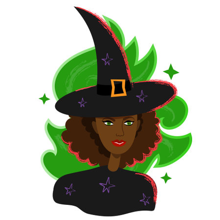 Black woman witch portrait in hat. Halloween witch female avatar in cartoon flat style. Magican black skin character portrait isolated on whiteのイラスト素材