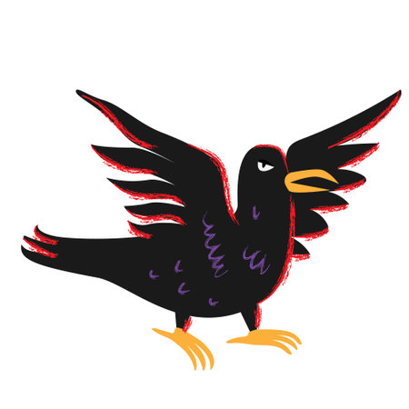 Black raven. The raven of the witch. Halloween crow black bird with open wings in cartoon flat style isolated on white backgroundのイラスト素材