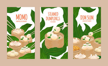 Steamed dumplings momo and dim sum. Template of flyer, poster, menu card cover restaurant with different dumplings, steamed buns. Momo and dimsum in steamer bamboo basket. Vector in cartoon flat styleのイラスト素材