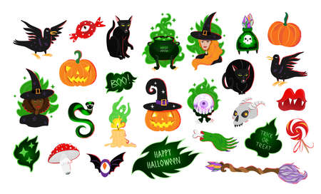 Set of vector illustrations of Halloween. Halloween icon collection in cartoon style. Clipart isolated on white.のイラスト素材