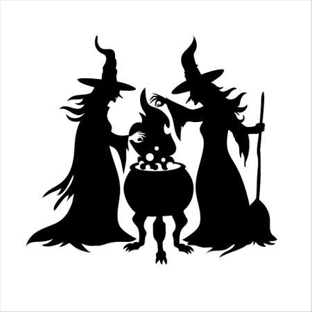 Black silhouette of two witches with a cauldron. Happy Halloween vector clipart illustration of witches brew a magic potion. White background.のイラスト素材