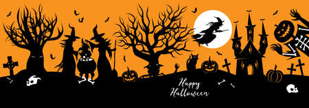 Halloween vector silhouette banner with witches, cauldron, haunted castle and jack o lantern ghost. Creepy landscape with traditional halloween elements, good for web banner, invite, flyer, invitationのイラスト素材