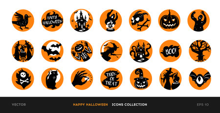 Set of vector Halloween icons. Black silhouettes of illustrations of Halloween design in orange circles. Spooky funny cartoon vector with witches, haunted house, pumpkin, lantern, isolated on whiteのイラスト素材