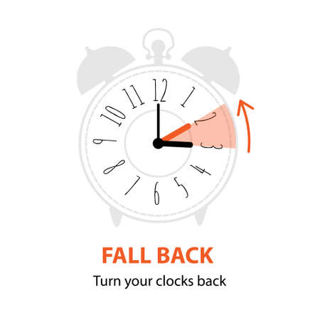 Fall Back concept with graphic alarm and schedule to set the clock back one hour. The end of Daylight Saving Time. Vector illustration in modern flat style isolated on white background.のイラスト素材