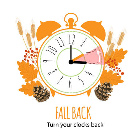 Fall Back concept with graphic alarm and schedule to set the clock back one hour. The end of Daylight Saving Time. Vector illustration with autumn leaves in modern flat style isolated on whiteのイラスト素材