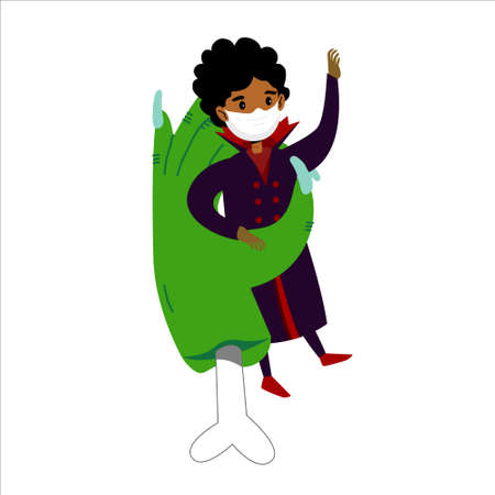 Social distancing infographic banner with cute Halloween cartoon characters in costumes and protective masks.のイラスト素材