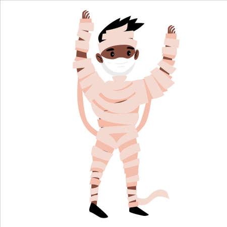 Social distancing infographic banner with cute Halloween cartoon characters in costumes and protective masks.のイラスト素材