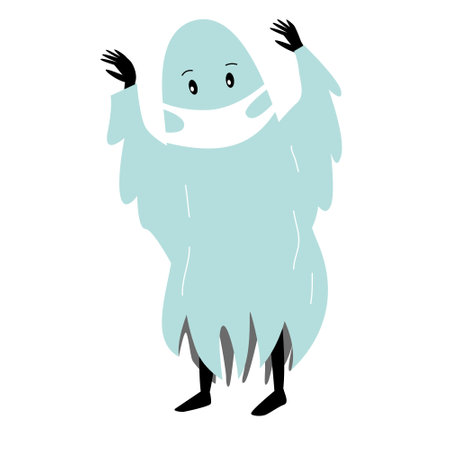 Social distancing infographic banner with cute Halloween cartoon characters in costumes and protective masks.のイラスト素材
