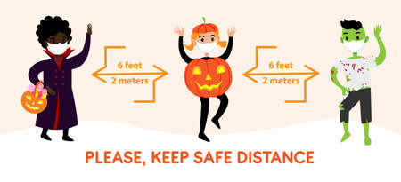 Social distancing infographic banner of COVID 19 with cute Halloween cartoon characters in costumes and protective masks.のイラスト素材