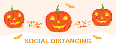 Social distancing infographic banner with cute Halloween cartoon characters in costumes and protective masks.のイラスト素材