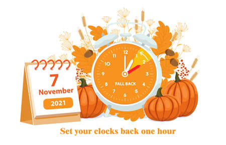 Daylight saving time, 2021 concept. Alarm clock and calendar with the date of November 7 on the autumn leaves and pumpkins background. The reminder text - set clock back one hour. Vector illustrationのイラスト素材