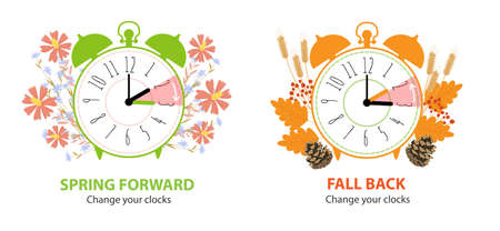Daylight Saving Time concept. Set of alarm clocks with fall back time and spring forward. Clocks...