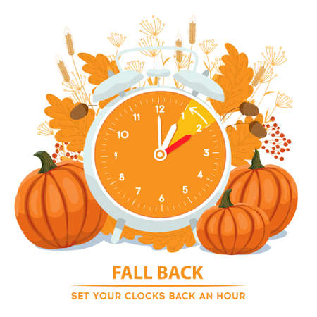 Daylight Saving Time ends concept. Vector illustration of turning alarm clock in autumn decoration. Fall Back time vector illustration with reminder text - set your clocks back an hour.のイラスト素材
