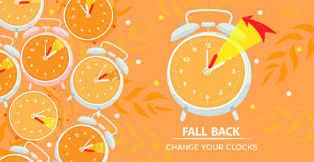 Daylight Saving Time ends concept, Fall Back. The clock hand turns to winter time. Clock on an autumn background with decoration from autumn foliage. Vector design illustration in flat cartoon styleのイラスト素材