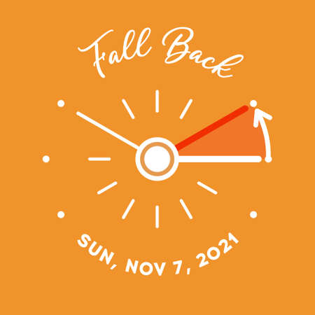 Daylight Saving Time ends 2021 banner. Graphic minimalist clock with turning clock hands to winter time. Fall backward concept. Clocks with date of 7 november. Vector illustrationのイラスト素材