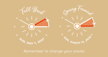 Daylight Saving Time for USA and Canada. Vector Set of minimalist retro clocks fall back time and spring forward. Clocks turning to summer and winter time with dates of 7 november 2021, 13 march 2022のイラスト素材