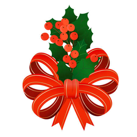 Christmas holly wreath with red holiday decorations of ribbons, bunches of berries and red cardinal cute and funny bird. Vector illustration in modern flat cartoon style isolated on white backgroundのイラスト素材