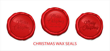 Christmas red wax seals stamp with imprint of congratulations merry christmas and happy new year. Vector xmas wax seals set isolated on whiteのイラスト素材