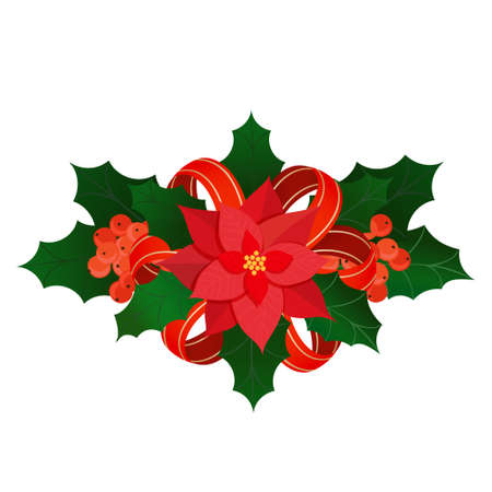Christmas decoration with poinsettia flower, holly leaves and red satin bow and berries. Vector christmas traditional design element decoration of holly isolated on white background.のイラスト素材