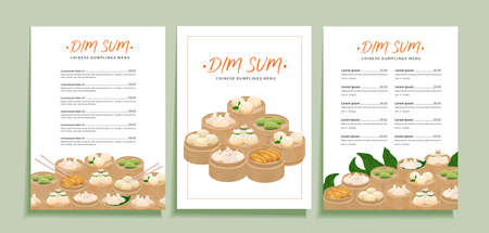 Dim sum dumplings menu template set for chinese cuisine restaurant. Vector design of menu layout with illustrations of asian traditional dumplings dimsum momo, baozi with space for text and price.のイラスト素材