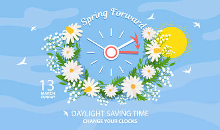 Spring Forward. Daylight Saving Time Banner Reminder - Spring Time Change with date 13 march, sunday.のイラスト素材