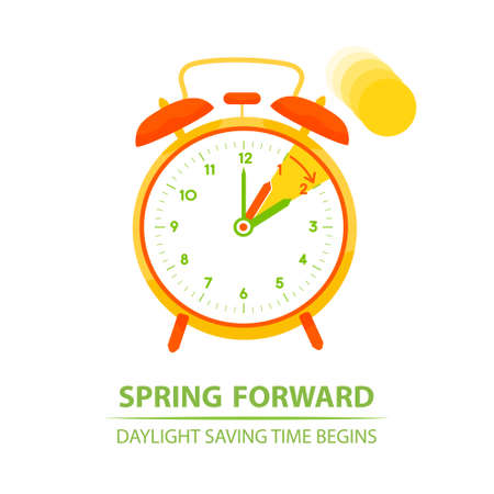 Spring Forward Time. Clock moves forward one hour. Daylight Saving Time begins banner. Graphic simple vector reminder illustration with a visual example. Clock isolated on white background.のイラスト素材
