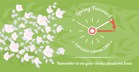 Daylight Saving Time begins. Illustration banner with the clock moves forward one hour. Change clocks on summer time reminder concept. Vector schedule with spring flowers and moving clocks.のイラスト素材
