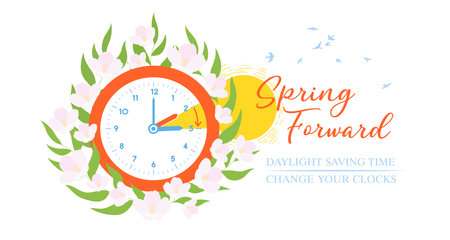 Daylight Saving Time Poster, Banner, Background. Spring forward concept.のイラスト素材