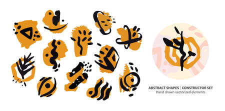 Abstract hand drawn brush shapes in organic style set. Vector elements collection of trendy brush strokes and graphic shapes and lines. Filler modern elements for aesthetic design isolated on whiteのイラスト素材