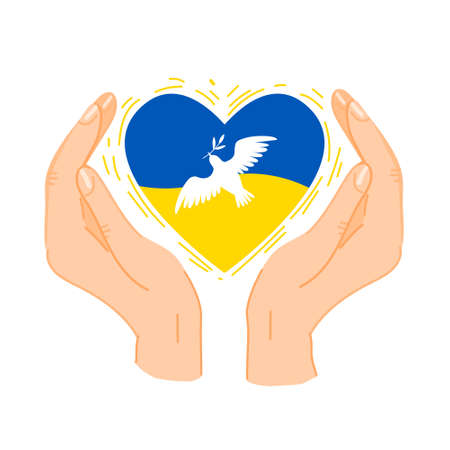 Heart in the colors of the Ukrainian flag with white dove of peace, carefully protect helping hands. Peace for Ukraine. Pray for Ukraine. Concept symbol for help, support, charity and donation. Vectorのイラスト素材