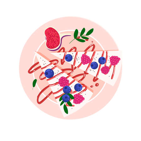 Pieces of cake decorated with berries, top view. Cakes pastries with berries on a saucer. Vector illustration of cheesecake dessert in flat cartoon style isolated on whiteのイラスト素材