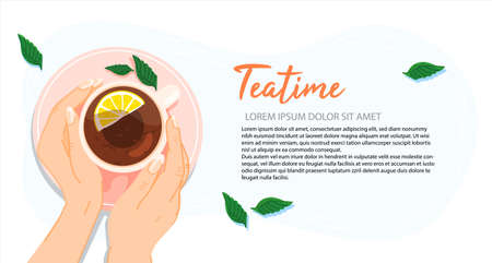 Hands holding a cup of herbal tea with lemon, top view. Woman warming hands touching a hot cup of tea. Tea time for relax, banner in cartoon modern style with space for text. vector illustrationのイラスト素材