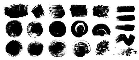 brush strokes set. Various round shapes and lines of black bold brush marks with dry texture. Hand drawn brush stroke vectorized and isolated on white background.のイラスト素材