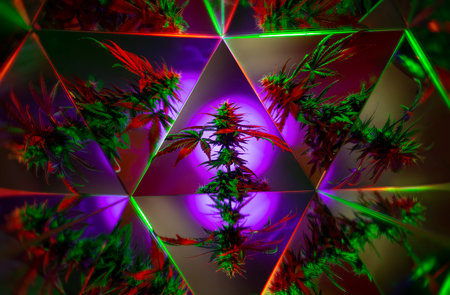 Modern cannabis background. Colorful creative marijuana banner with mirror reflection effect. New aesthetic look on medical marijuana. Art photography of multicolored cannabis plant on purple backdropの写真素材