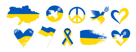 Collection of graphic elements in support for Ukraine. Peace for Ukraine set. Sign and symbols for humanitarian aid, support, help and donation. Vector clipart in ukrainian flag colors yellow and blueのイラスト素材