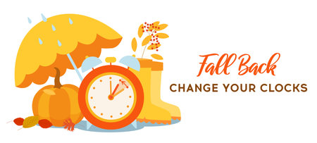 Fall Back Time concept poster. Daylight saving time ends, reminder banner. Clock change back one hour. Orange alarm clock with pumpkins and autumn decorationのイラスト素材