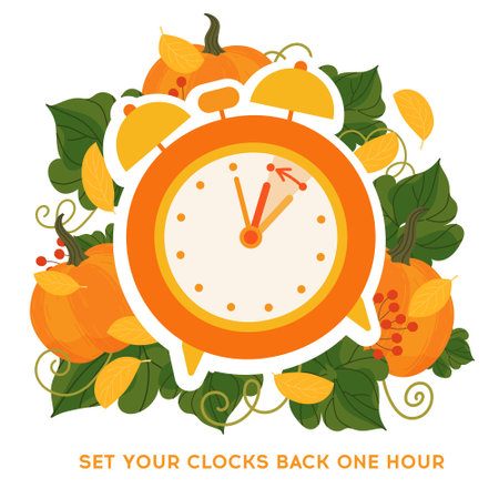 Fall back time concept banner. Clock on the fall background with pumpkins and autumn leaves. The handles of clock turn back on hour. Daylight saving time ends reminder. vector illustrationのイラスト素材