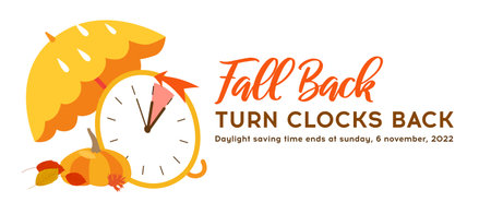 Fall Back banner, Daylight Saving Time Ends web reminder. Change clock back an hour. Minimalist web banner in cartoon style, date 6 november, 2022のイラスト素材