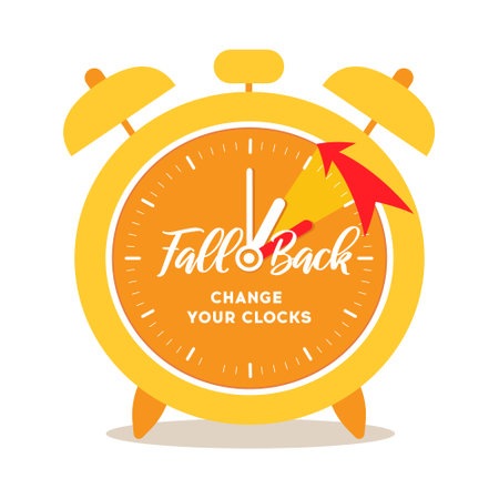 Fall back time banner. Big orange alarm clock with example of changing arrow an hour back. Daylight Saving Time Ends, change clocks one hour back to winter time.のイラスト素材