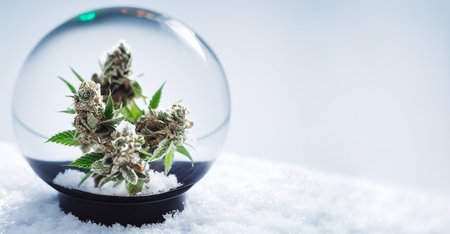 Cannabis banner. Merry Christmas and Happy New Year card with hemp in snow globe with snowの写真素材