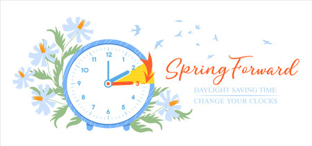 Spring Forward. Daylight Saving time begins concept. Set clock forward one hour.のイラスト素材