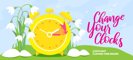 PrintDaylight Saving Time Begins banner. Spring Forward. Reminder guide with clocks change one hour ahead.のイラスト素材