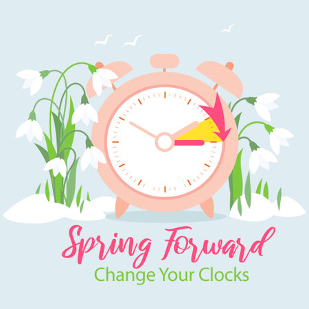 Daylight Saving Time Begins banner. Spring Forward. Reminder guide with clocks change one hour ahead.のイラスト素材