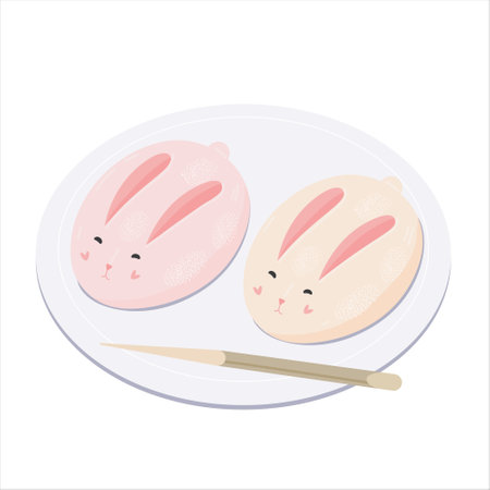 Bunny Mochi Mooncakes on plate with chopstick. Traditional japanese food for Mid-Autumn Festival....
