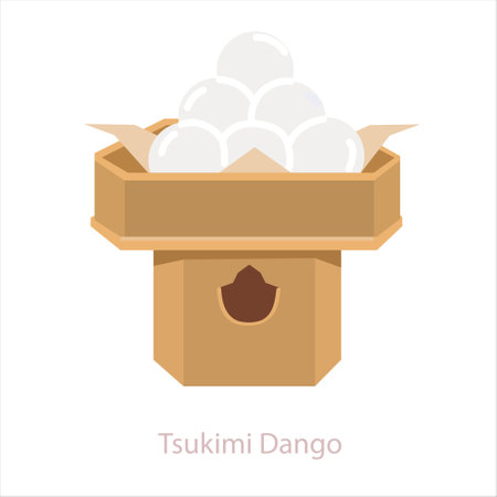 Tsukimi Dango mochi. Traditional japanese sweet chewy rice dumpling displayed on wooden tray. Special food for the Harvest Moon, Japanese Mid Autumn Festival. Vector cartoon illustration isolatedのイラスト素材