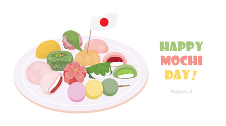 Vector illustration of mochi on plate. Banner, card or poster of national mochi dayのイラスト素材