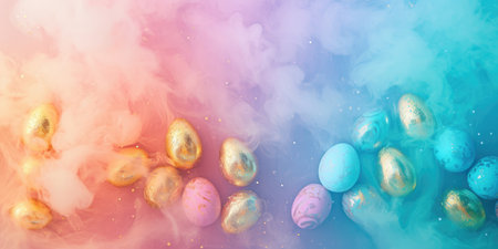 Easter background with painted eggs. Colorful pastel pink, blue and golden eggs in colorful mist cloud. Light pastel shades, aesthetic and delicate. Top view, empty copy space for textの素材