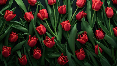 Tulip Red Flowers On Green Leaves Background. Top View, Texture Background. Aesthetic Elegance, Low Key Shot. Good for poster, banner, card for Woman's Day 8 Marchの素材